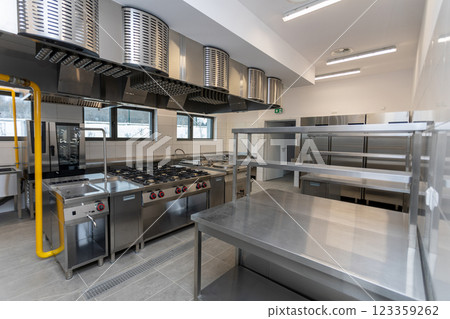Modern Commercial Kitchen Design with Advanced Equipment and Stainless Steel Surfaces 123359262