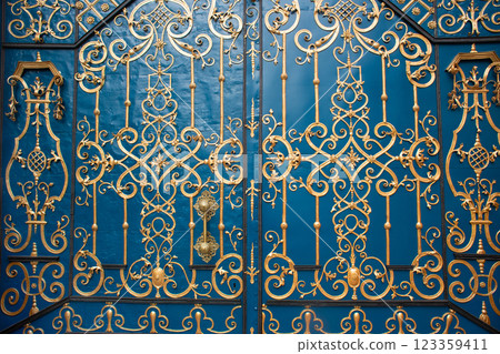 Beautiful blue door with golden elements in Wroclaw, Poland. 123359411