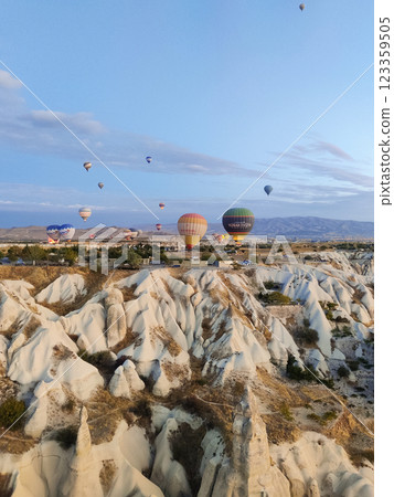 beautiful scenery flight of balloons in the mountains of Cappadocia in love valley 123359505