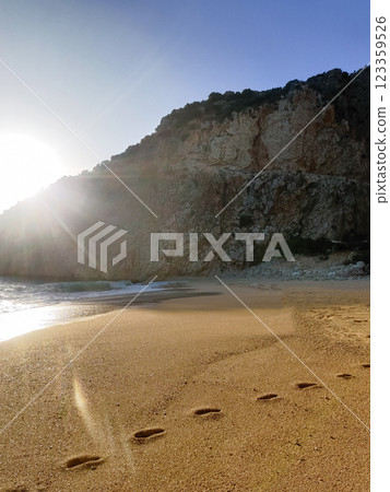 landscape with human footprints on a sandy sea beach 123359526