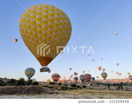 beautiful scenery flight of balloons in the mountains of Cappadocia in love valley 123359549
