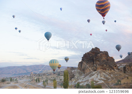 beautiful scenery flight of balloons in the mountains of Cappadocia in love valley 123359696