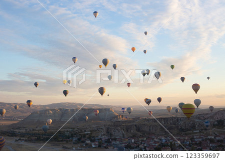 beautiful scenery flight of balloons in the mountains of Cappadocia in love valley 123359697