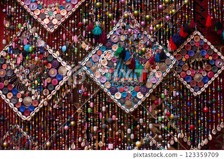 traditional turkish interior with many carpets on the wall 123359709