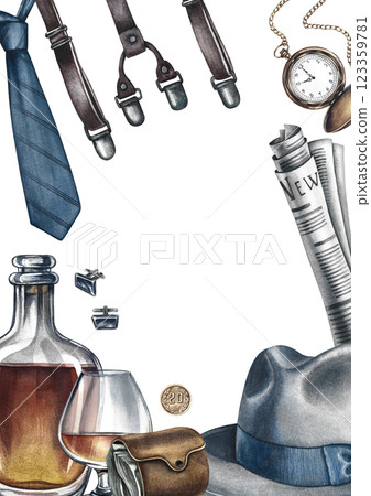 A postcard for a man. A frame with men's accessories. Handmade watercolor illustration. A color image of the vertical template. A rich and well-off man. For celebrating All Men's Day or Father's Day. 123359781