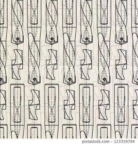 Mechanical engineering drawings on sepia background. Drill tools, borer. Technical Design. Cover. Blueprint. Vector illustration. Seamless pattern. 123359784