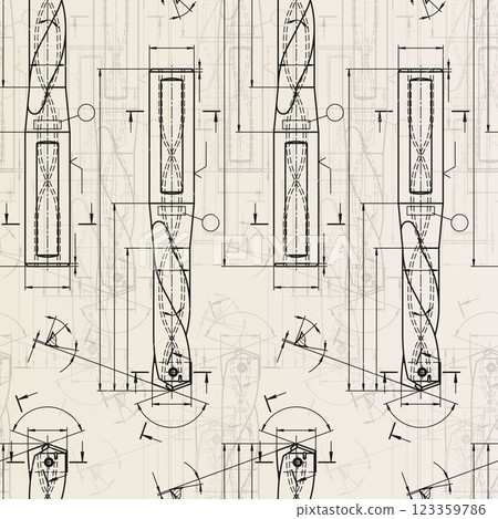 Mechanical engineering drawings on sepia background. Drill tools, borer. Technical Design. Cover. Blueprint. Vector illustration. Seamless pattern. 123359786