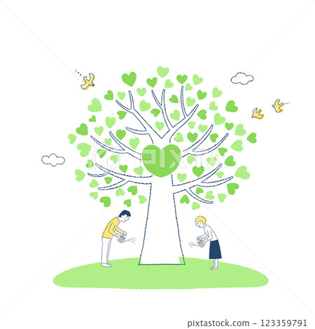 一名男子和一名女子正在為一棵大心形樹澆水 123359791