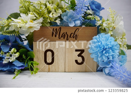 Wooden Calendar Showing the Date of March 3rd. Day 3 of March month 123359825