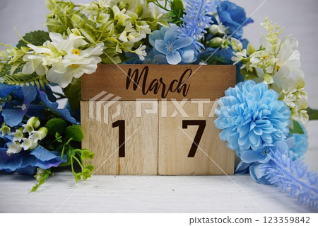 Wooden Calendar Showing the Date of March 17th. Day 17 of March month 123359842