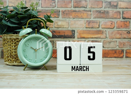 Wooden Calendar Showing the Date of March 5th. Day 5 of March month 123359871