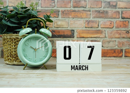 Wooden Calendar Showing the Date of March 7th. Day 7 of March month 123359892