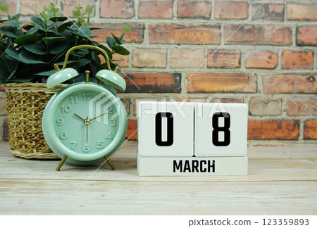 Wooden Calendar Showing the Date of March 8th. Day 8 of March month 123359893