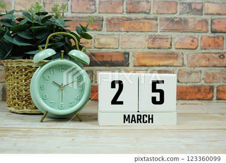 Wooden Calendar Showing the Date of March 25th. Day 25 of March month 123360099