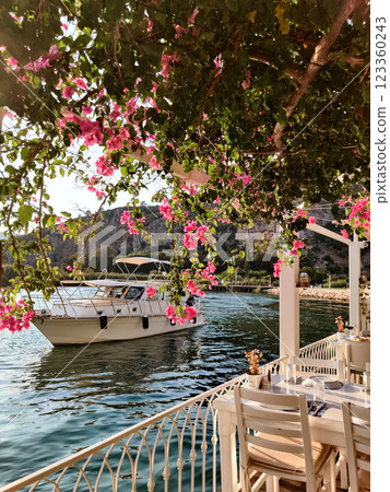 beautiful interior of a restaurant on the seashore beautiful interior of a restaurant on the seashore 123360243