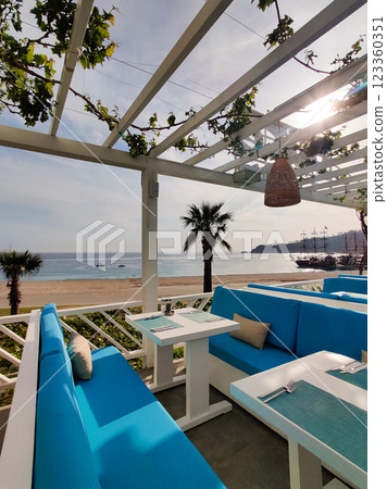 beautiful interior of a restaurant on the seashore beautiful interior of a restaurant on the seashore 123360351