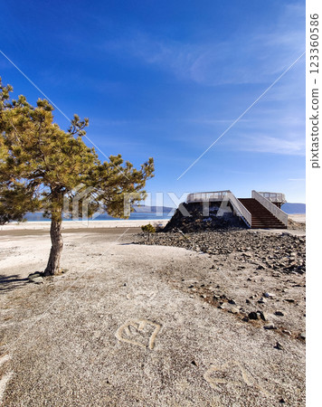 beautiful landscape on the shore of a flat lake 123360586