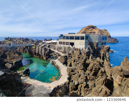 beautiful house, hotel and swimming pool on rocky mountains by the sea on the island of Madeira in Portugal 123360646