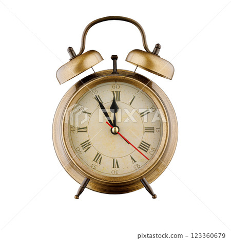 alarm clock, vintage clock with time 11 hours 55 minutes, a.m. 11:55, p.m. 11:55, on isolated white background 123360679