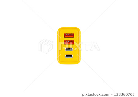 adapter for charger with USB and Type C connector, yellow, on isolated or white background adapter for charger with USB and Type C connector, yellow, on isolated or white background 123360705