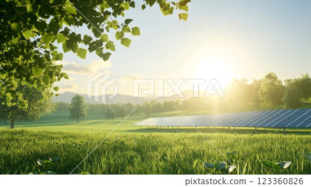 Bright sunlight illuminates solar panels in a rural landscape surrounded by lush greenery and distant mountains. Generative AI 123360826
