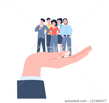 Office characters stand on giant hand. Work support, metaphor for social guarantees. Helping and supporting, people in group vector concept Office characters stand on giant hand. Work support, metaphor for social guarantees. Helping and supporting, people in group vector concept 123360877