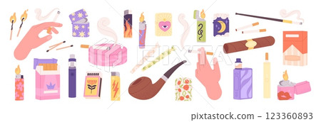 Cigarette and lighters elements. Smokers tools and equipments. Isolated cigar, vapes, tobacco, metal plastic lighter and matches, racy vector clipart 123360893