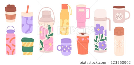 Reusable mug. Thermo mugs, thermos and tumbler for hot beverages. Takeaway crockery for coffee tea herbal drinks. Plastic metal racy vector cups Reusable mug. Thermo mugs, thermos and tumbler for hot beverages. Takeaway crockery for coffee tea herbal drinks. Plastic metal racy vector cups 123360902