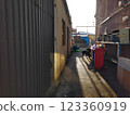 Silhouettes of dogs, next to a butcher's shop 123360919