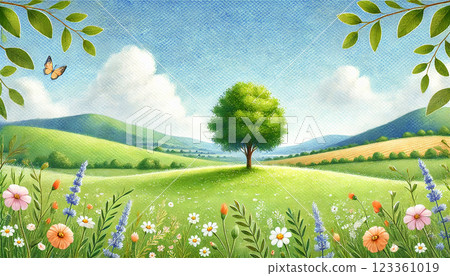 A gentle landscape of idyllic green hills and colorful flowers 123361019