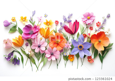 Colorful flowers with stems on a white background in paper cut style 123361024