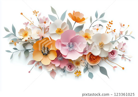 Elegant spring floral arrangement in paper cut style on a white background 123361025