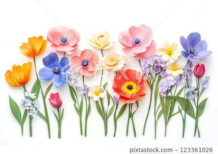 Stylized flowers in different colors in paper cutting style 123361026