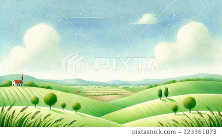 A watercolor illustration of a refreshing green hill 123361073