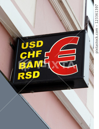 Currency exchange advertising sign Currency exchange advertising sign 123361397