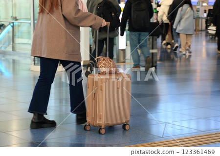 Travelers pulling suitcases at the airport Travelers moving around with luggage on carts 123361469