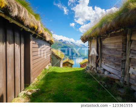 Nature in fjords. Rakssetra, Norway. Panoramic view. Traveling on a Norwegian fjord. Scandinavia. 123361555
