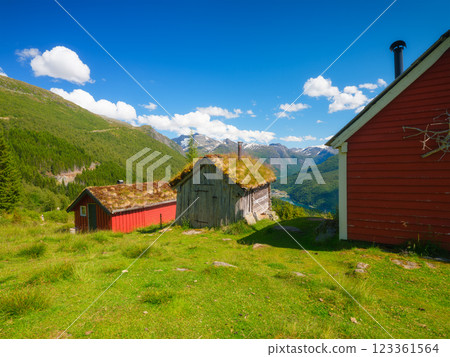 Nature in fjords. Rakssetra, Norway. Panoramic view. Traveling on a Norwegian fjord. Scandinavia 123361564