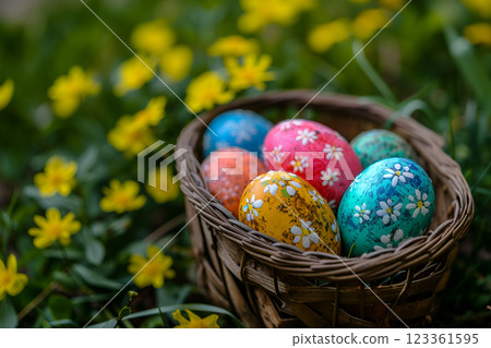 Easter basket filled with hand painted Easter eggs in a flower field 123361595