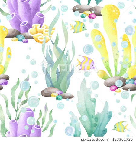 Seaweed, corals, tropical fish and colored pebbles, watercolor isolated seamless pattern. Hand drawn sea underwater illustration in yellow, lilac and green color for kids marine and nautical design. Seaweed, corals, tropical fish and colored pebbles, watercolor isolated seamless pattern. Hand drawn sea underwater illustration in yellow, lilac and green color for kids marine and nautical design. 123361726