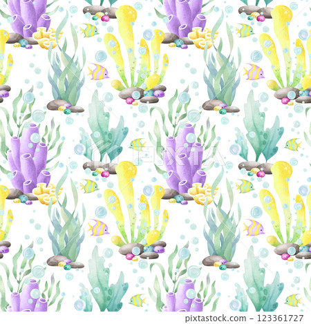 Seaweed, corals, tropical fish and colored pebbles, watercolor isolated seamless pattern. Hand drawn sea underwater illustration in yellow, lilac and green color for kids marine and nautical design. Seaweed, corals, tropical fish and colored pebbles, watercolor isolated seamless pattern. Hand drawn sea underwater illustration in yellow, lilac and green color for kids marine and nautical design. 123361727