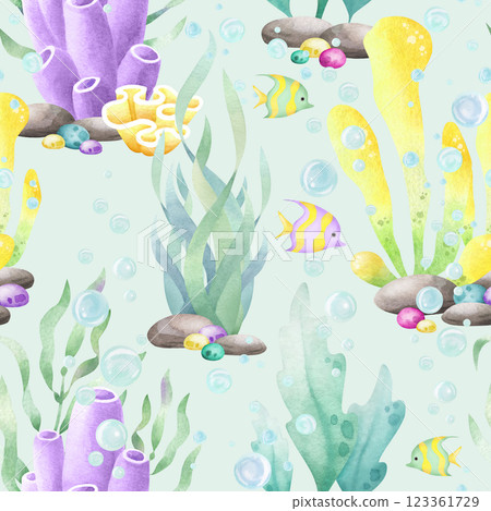 Seaweed, corals, tropical fish and colored pebbles, watercolor seamless pattern on turquoise. Hand drawn sea underwater illustration in yellow, lilac and green color for kids marine, nautical design. Seaweed, corals, tropical fish and colored pebbles, watercolor seamless pattern on turquoise. Hand drawn sea underwater illustration in yellow, lilac and green color for kids marine, nautical design. 123361729