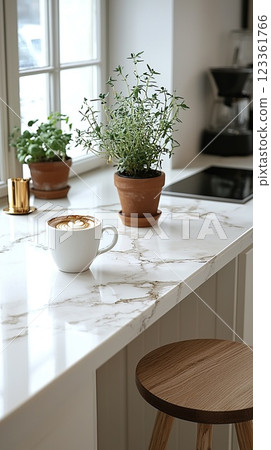Cozy kitchen corner with coffee and fresh herbs on a sunny morning 123361766