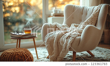Cozy corner with warm drink and knitted blanket during golden hour in a living room Cozy corner with warm drink and knitted blanket during golden hour in a living room 123361783