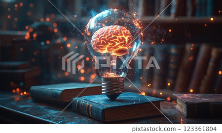 Brain inside a light bulb symbolizes creativity and knowledge in a cozy library setting with glowing elements 123361804