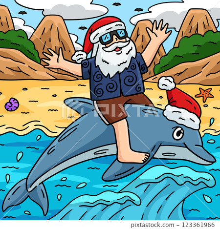 Christmas in July Santa Riding a Dolphin Colored Christmas in July Santa Riding a Dolphin Colored 123361966
