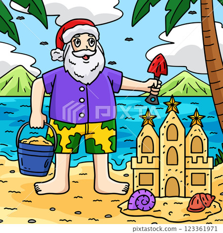 Christmas in July Santa and Sand Castle Colored Christmas in July Santa and Sand Castle Colored 123361971