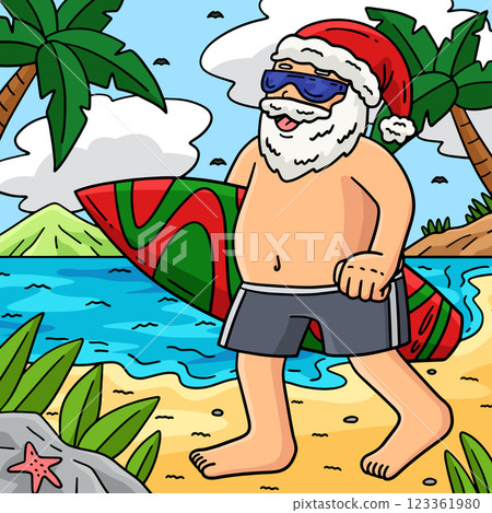 Christmas in July Santa with Surfboard Colored Christmas in July Santa with Surfboard Colored 123361980
