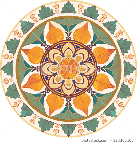 A vibrant mandala design featuring intricate floral patterns in shades of green, orange, and blue, radiating from a central circular motif 123362103