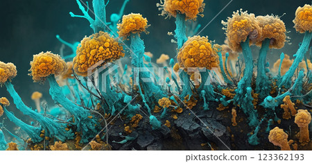Microscopic magnification of spreading and growing molds or mold fungus on organic tissue producing toxic poisons 123362193
